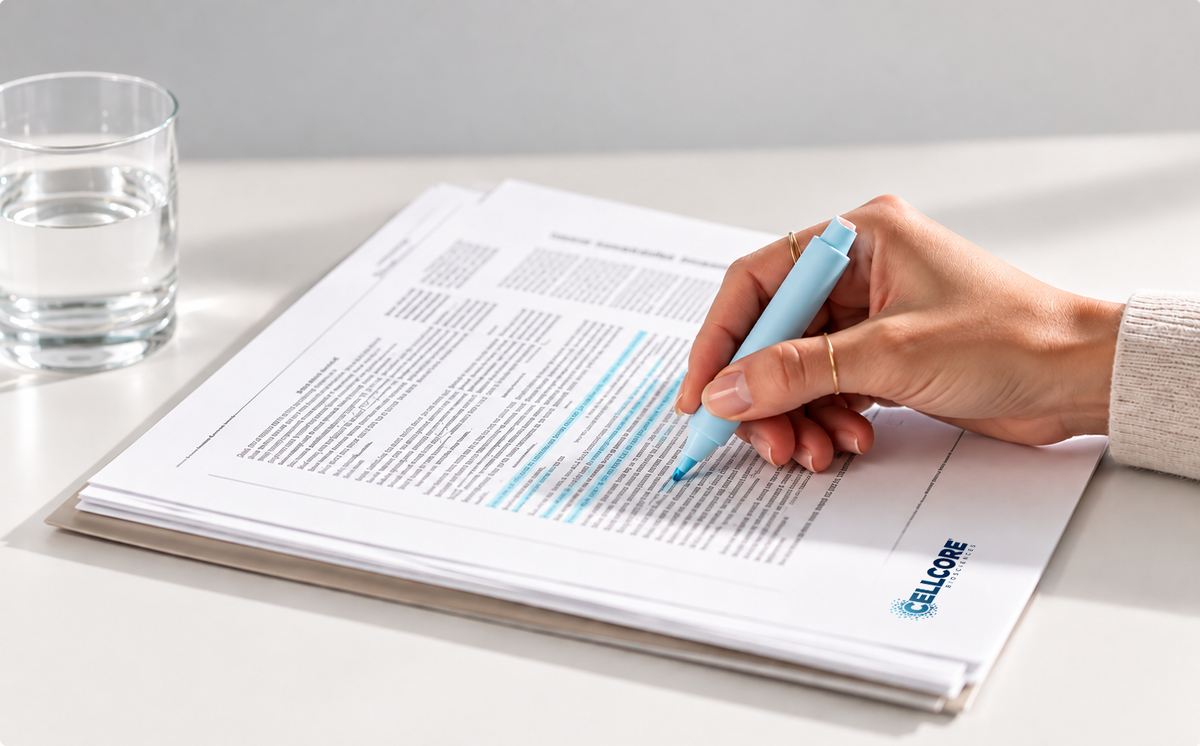 Practitioner writing notes on a printed form