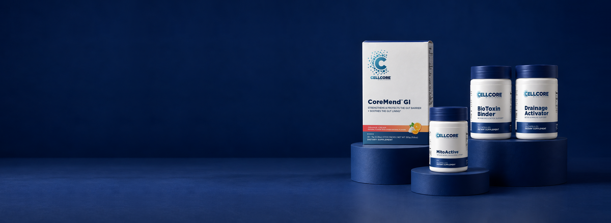 CellCore supplements arranged on blue pedestals